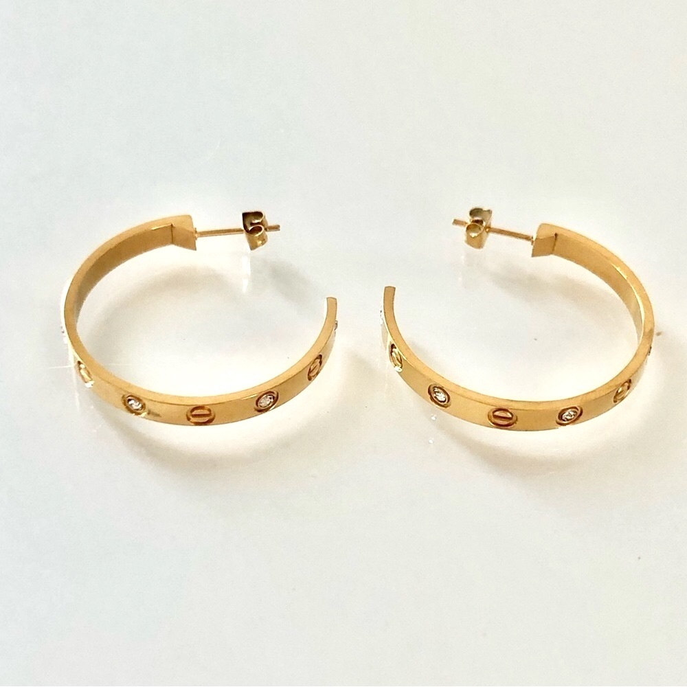 Gold Screw Earrings Zirconia Hoops - Picture 8 of 17